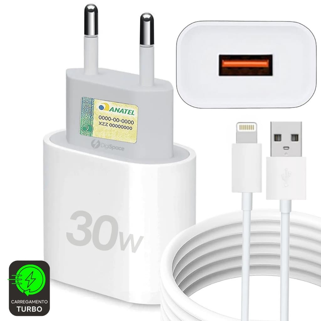 Carregador IPhone Turbo Completo Fonte 30w Rápido iPhone 6 7 8 X XR 11 12 13 14 USB-Lightning iOS 1M