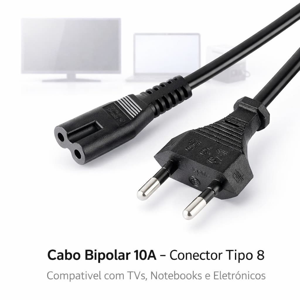 Cabo De Força Bipolar 2 pinos 1,8m para TV´s Video Game Rádio - Reforçado Universal 10A