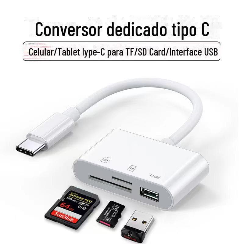 Adaptador leitor cartão de memória 3 em 1, SD, MicroSD e USB Tipo C, TF, OTG, conversor para Celulares, Tablets