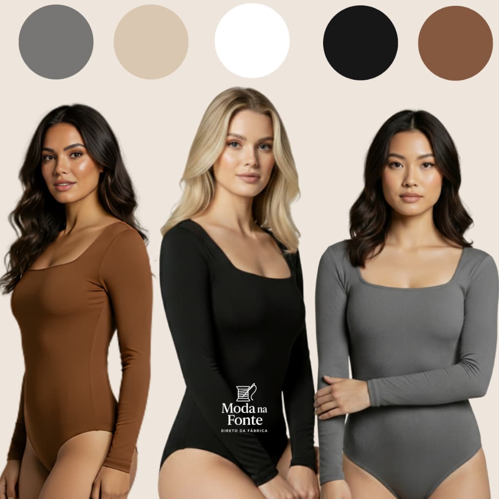 Body Decote Quadrado Costura Dupla Feminino Manga Longa Body Segunda Pele Justo e Confortável Tecido Premium