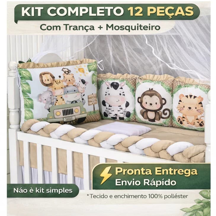 Kit Berço Safari Completo 13 Peças Padrão Americano Menina Menino Almofadinha Trança Super Promoção
