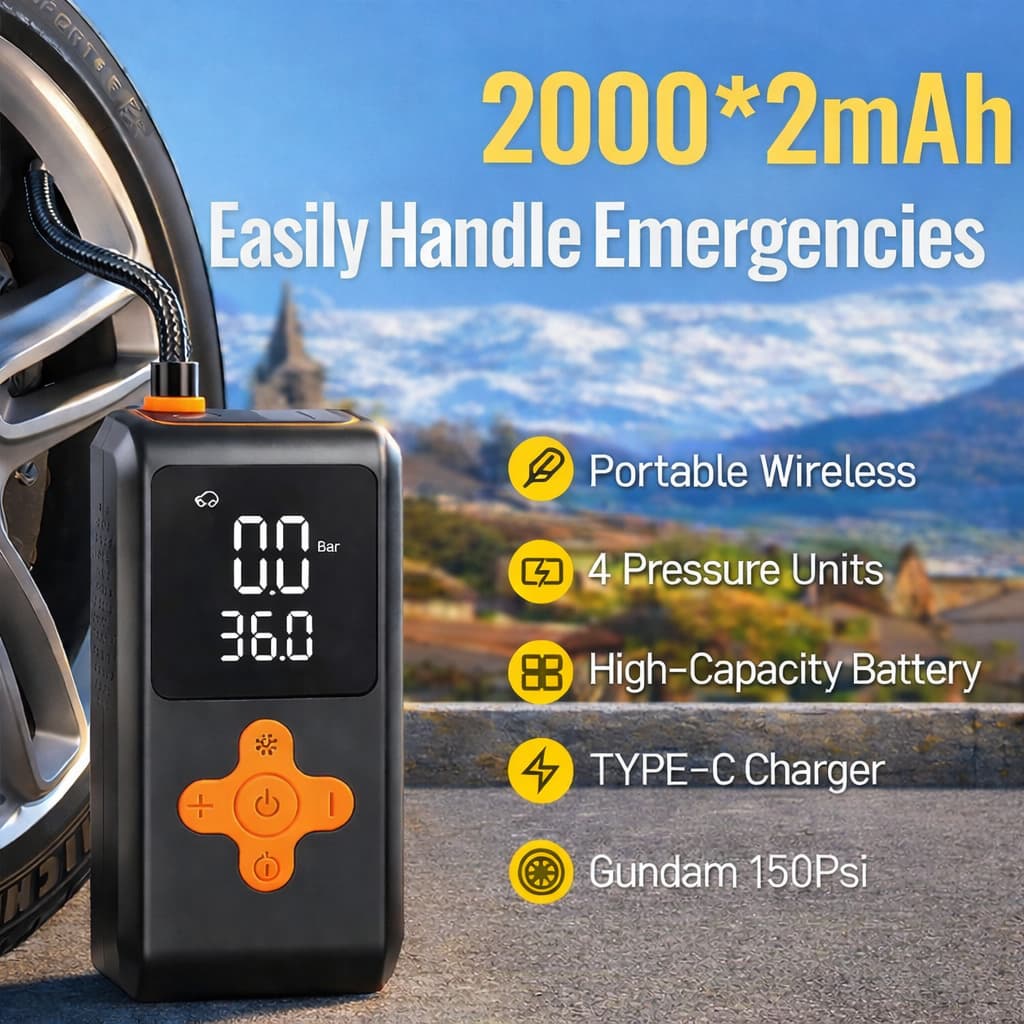 Bomba de Ar Portátil Compressor Multi-função 4 em 1 PowerBank  Bateria Calibrador de Carro Auto Pneu