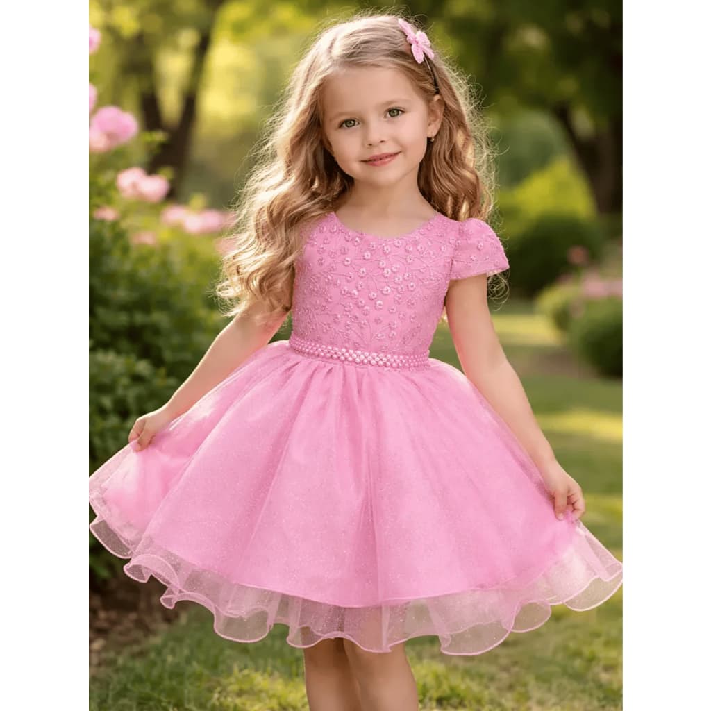 Vestido Infantil de Festa Renda Com Brilho e Cinto de Pérolas Várias Cores