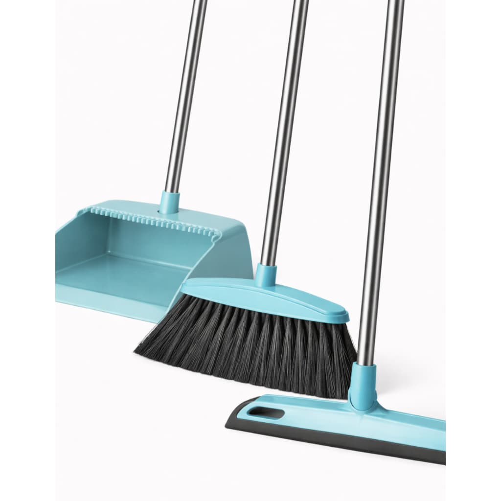 Kit Limpeza 3 em 1 Vassoura Rodo EVA Pazinha Cabo Rosqueável 6 Hastes Pink Azul Cinza