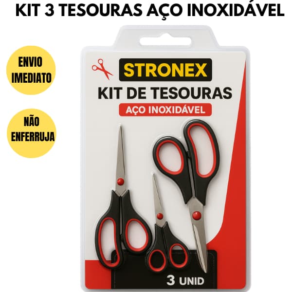 KIT 3 TESOURAS COZINHA AÇO INOX MULTIUSO TESOURA DE INOX ESCOLAR KITS PRATICOS TESOURAS VERMELHA CASA COSTURA ARTESANATO