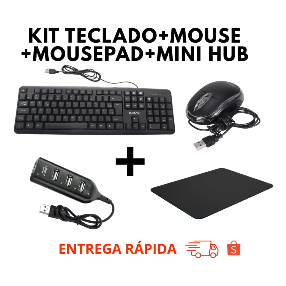 Kit Mouse c/ Fio + Teclado c/ Fio + Mini Hub 4 Portas + Mouse Pad  Home Office Jogos Games
