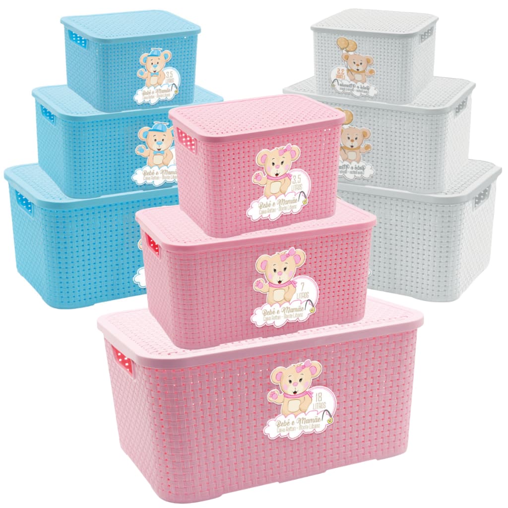 Caixa Organizadora Bebê Com Tampa Cesto Rattan 7 Litros Alta Vedação - Azul, Rosa e Branco
