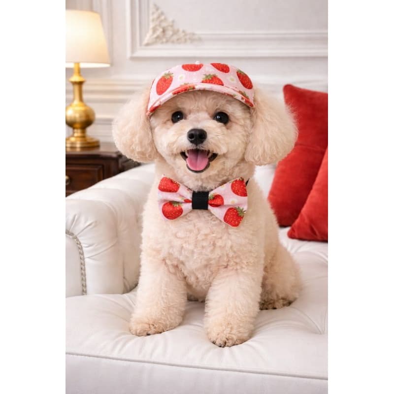 Boné Pet Morango PP ao GG com Gravata Borboleta e Laço | Chapéu Cachorro e Gato 100% Tricoline