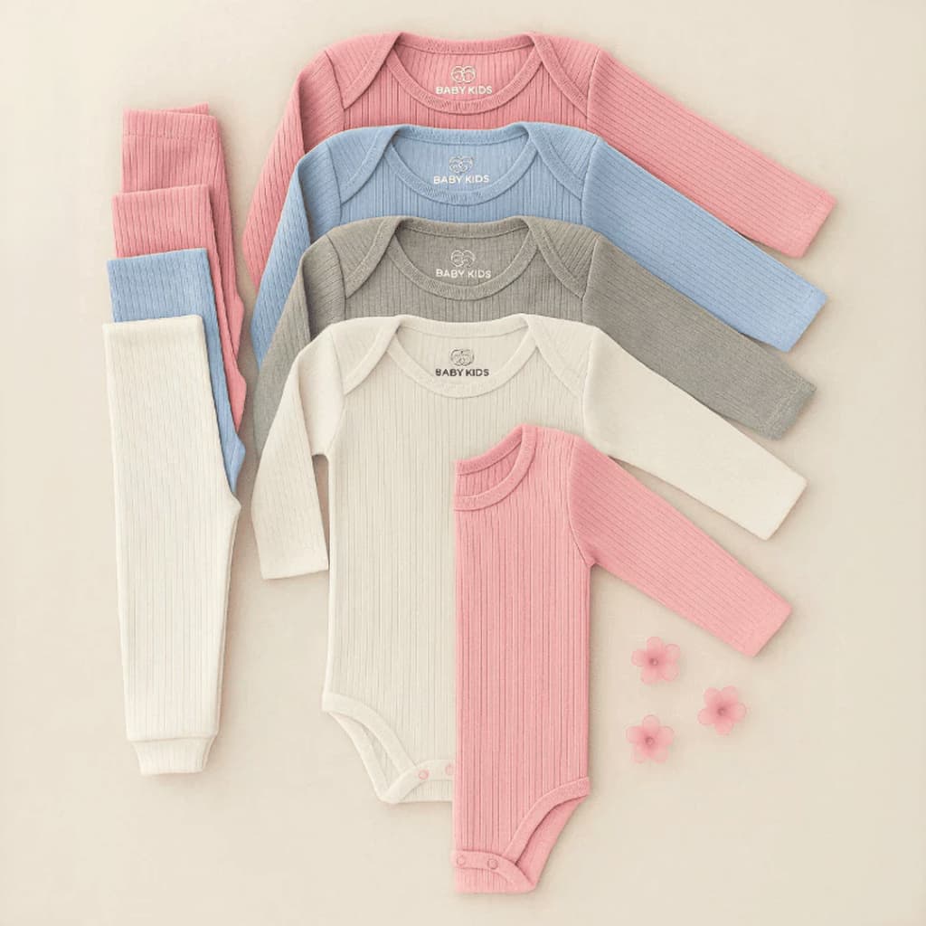 Kit 6 Peças Conjunto Body Manga Longa Canelado + Mijão Liso Canelado 100% Algodão Bebê Infantil RN