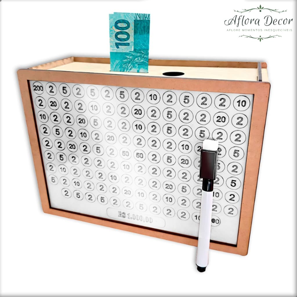 Cofre MDF Frente Transparente com Caneta para Metas 1Mil 5Mil 10Mil – Decoração e Economia