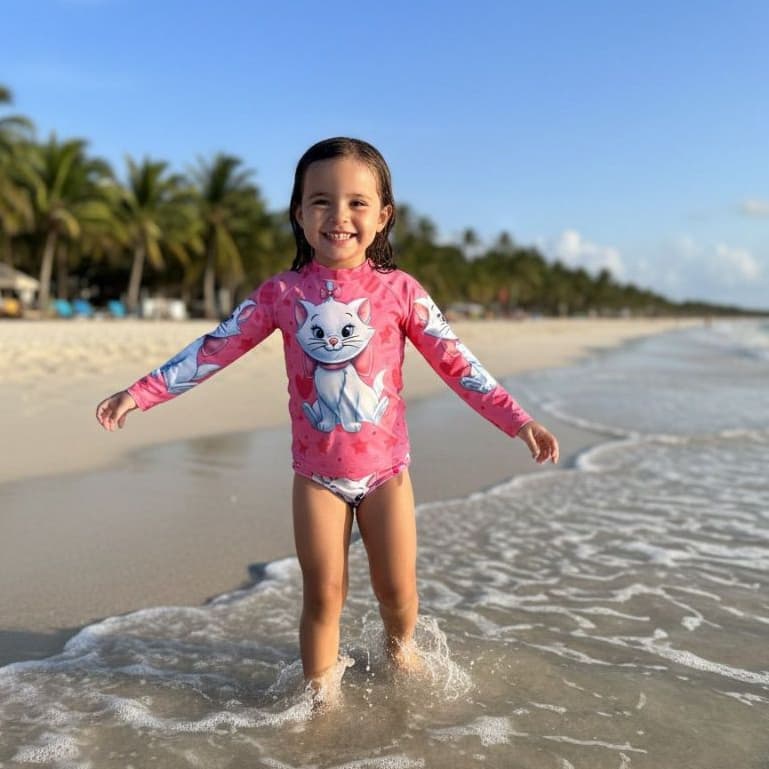 CONJUNTO PRAIA COM PROTEÇÃO UV 50+, CONJUNTO CONTÉM BIQUINI E CAMISA, TEMAS LABUBU SKYE PATRULHA CANINA, MINNIE, ANGEL