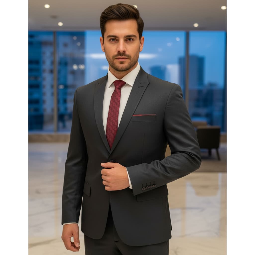 Terno Masculino Slim Preto Textura Gabardine Lapela de Bico Linha Premium
