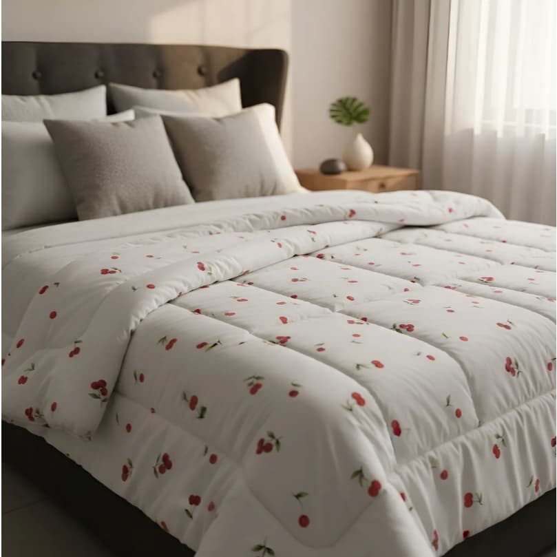 Edredom Casal Queen Dupla Face Tecido Algodão 180 Fios Estampa Cereja