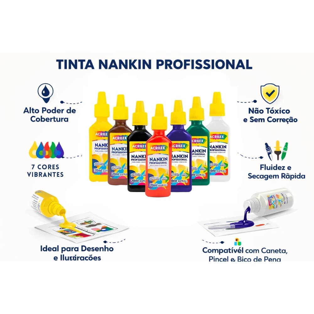 Kit 5 Tinta Nankin Profissional para Contornos 20ml Acrilex