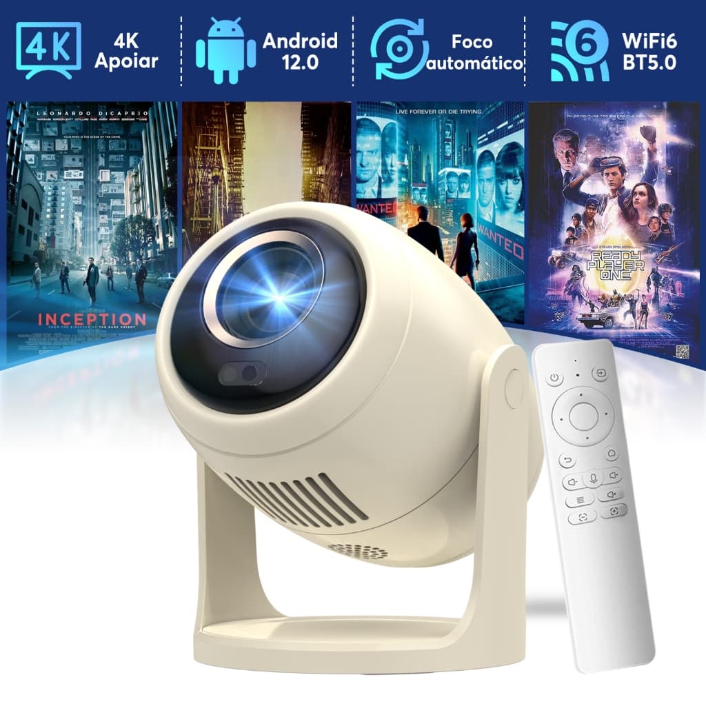 Projetor Mini AOC com WiFi6 e BT 5.0, Projetor Portátil com Suporte 4K e HD, 230 ANSI, Android 12.0, Rotação 360°