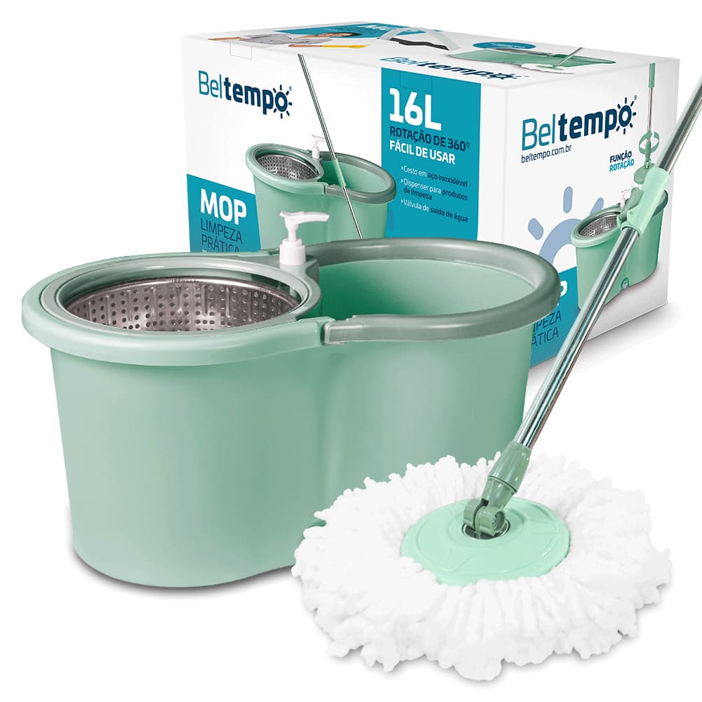 Mop Giratório Limpeza Esfregão 360º Balde 16 Litros Cesto Aço Inox Cabo Longo 140cm Com Refil Rodas E Alça Beltempo