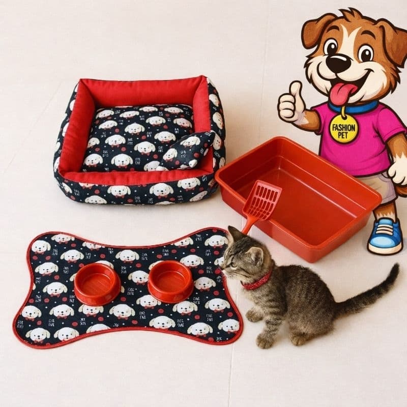 kit cama pet + tapete comedouro+ 2 comedouro para gato coleira