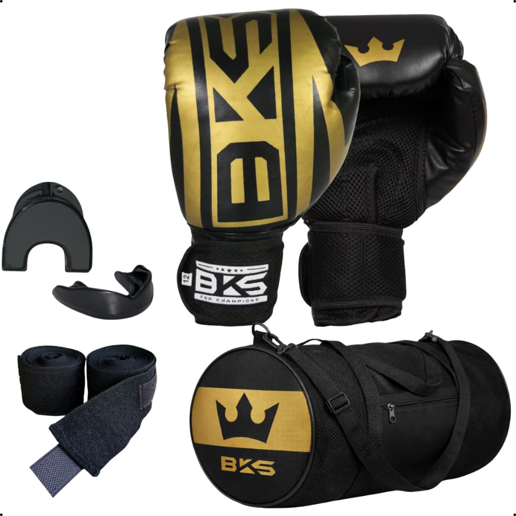 Kit BKS Luva De Boxe Kickboxing Muay Thai + Bolsa + Bandagem Elástica 3 m + Bucal Moldável