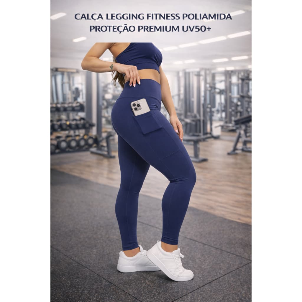 Calça Legging Fitness Poliamida Proteção Premium UV50+ Bolso Funcional Zero Transparência Academia
