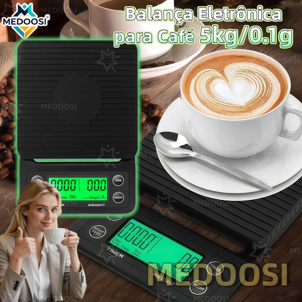MEDOOSI Balança Eletrônica para Café 5kg com Temporizador Display LCD - Precisão de 0,1g para Hand-Brewed e Cozinha