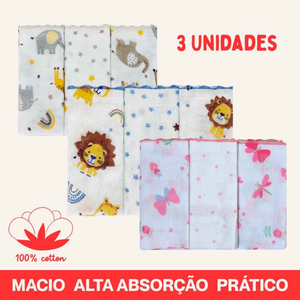 Kit Pano Paninho de Boca 3 unidades 100% Algodão Bublim Incomfral