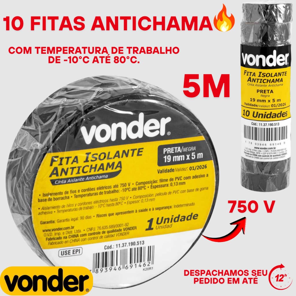 Oferta de 1 até 10 Fita Isolante Antichamas Resistente 19mmx5M Vonder Preta Pronta Entrega Envio Rápido