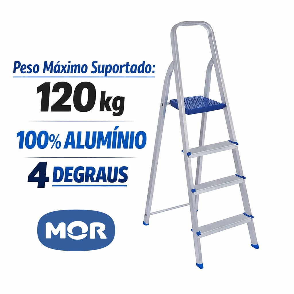 Escada Alumínio 4 Degraus Azul - MOR - Multiuso, Leve, Dobrável, Anti-derrapante, Segura