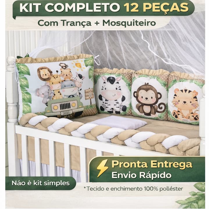Kit Berço Safari Caqui Padrão Americano Almofadinha 12 Peças Completo