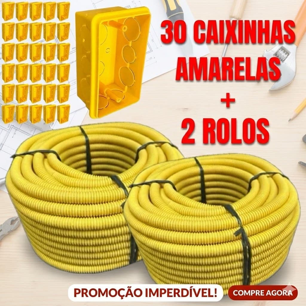 Conduíte Eletroduto Corrugado Kit 2 Unidades + 30 Caixinhas Amarela 4x2