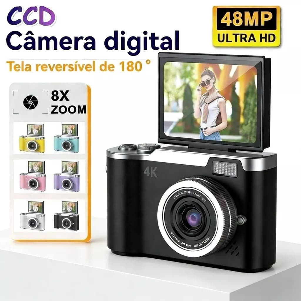 Câmera digital com zoom 4K CCD 8x, adequada para fotografia estudantil, compacta de 48MP, tela flip selfie de 180°