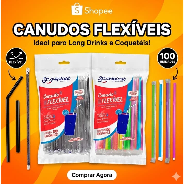 Canudo Flexível com Sachê Individual 100~500 Unidades Colorido Preto
