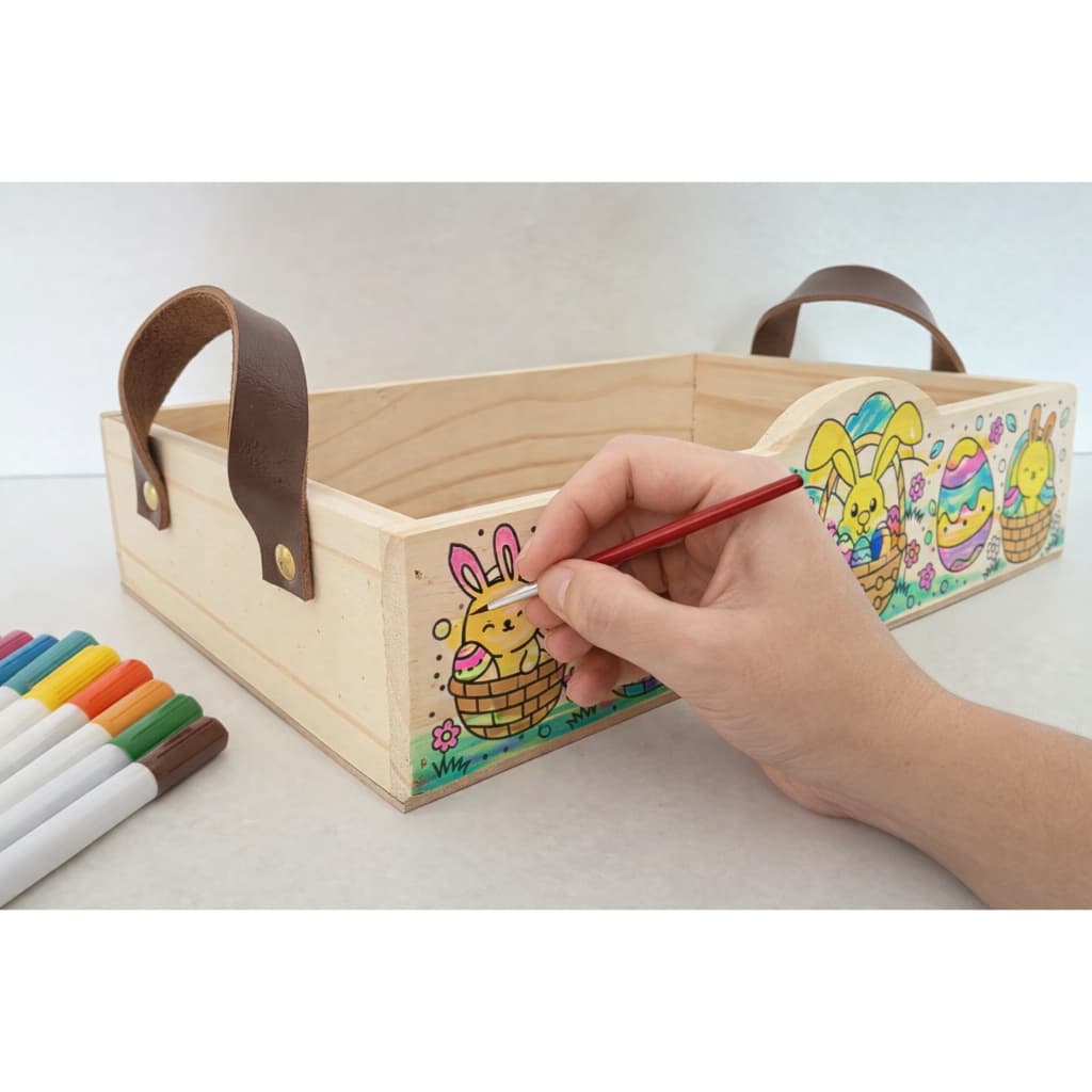 Páscoa Bandeja em pinus para COLORIR com alça em couro cestaria presentes