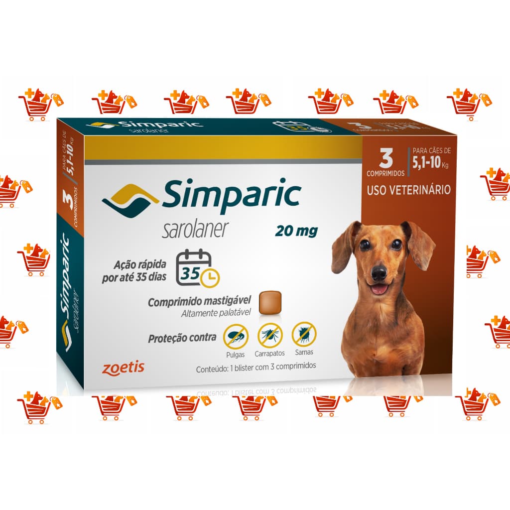 Simparic 20mg 3 Comprimidos Antipulgas e Carrapatos – Cães de 5,1 a 10 kg