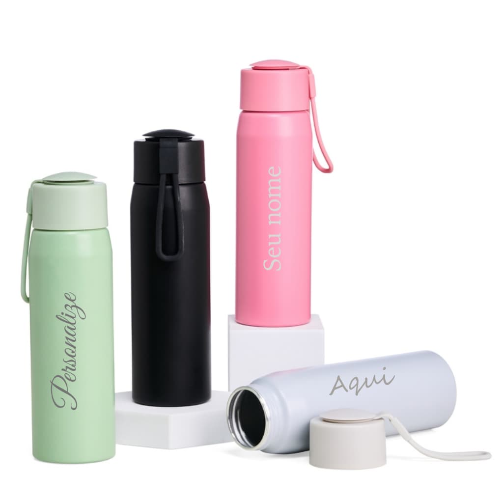 Garrafa Alumínio 600ml Personalizada Acabamento Fosco Tampa Rosqueável com Alça para Transporte