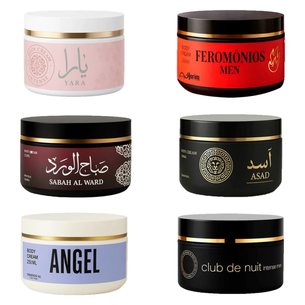 Creme Hidratante Árabe Asad Yara Fakhar Rose Club de Nuit Royal Amber Sabah Angel Pote Grande 250ml