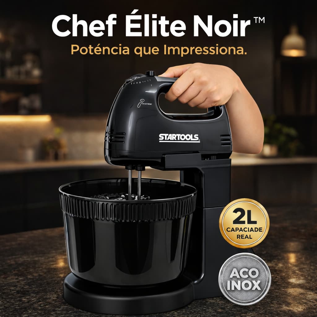 Batedeira Elétrica 2L 127V Potente Multifuncional Preta com Tigela Aço Inox Chef Élite Noir