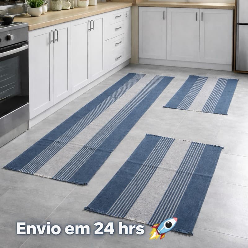 Jogo de Tapete e Passadeira Cozinha com 3 Peças Várias Cores Liso Listrado