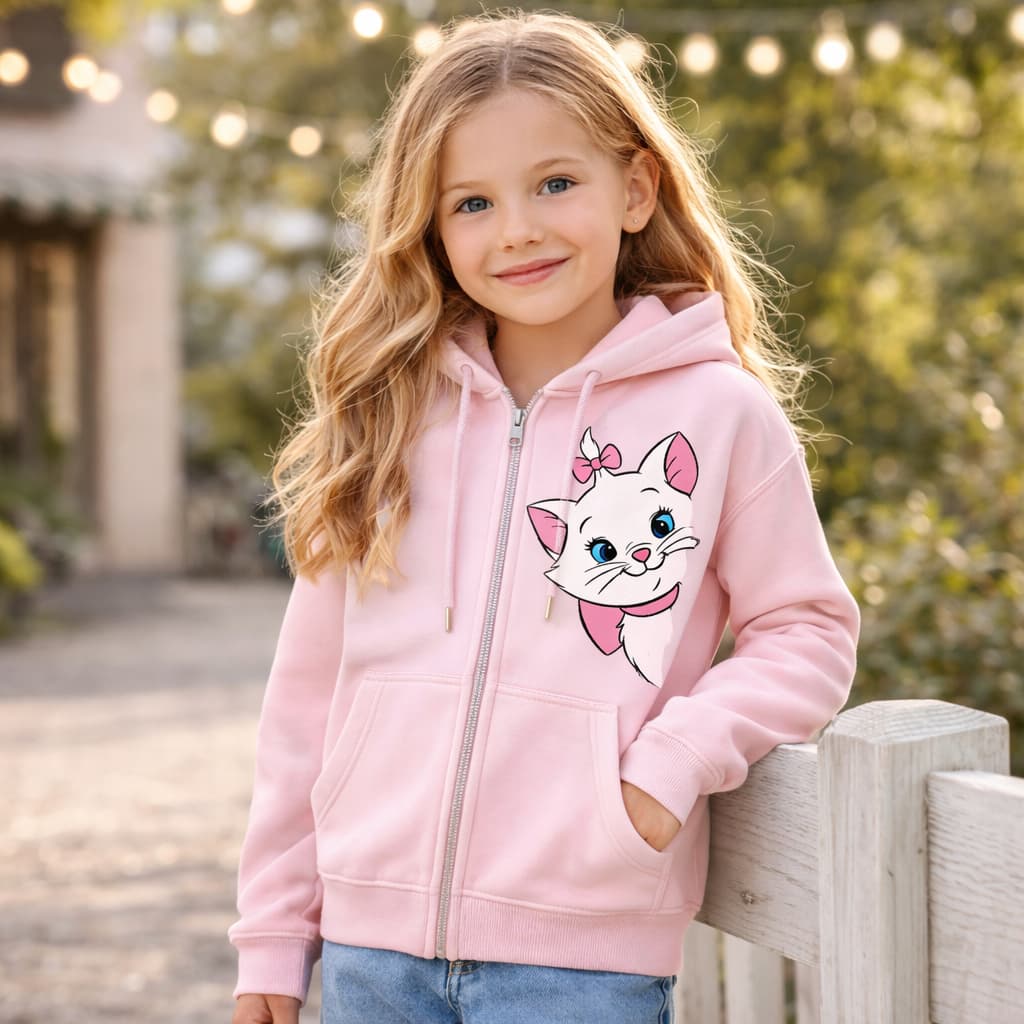 Blusa de Moletom Infantil de Ziper Com Capuz Personalizado Gatinha Marie Menina