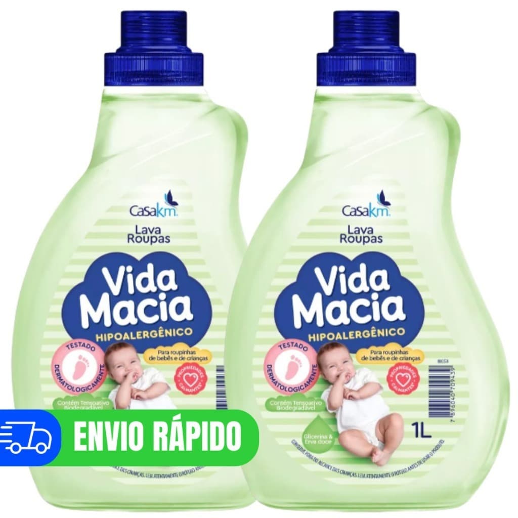 Kit 2 Lava Roupa Bebê Vida Macia 1L Sabão Liquido Erva Doce