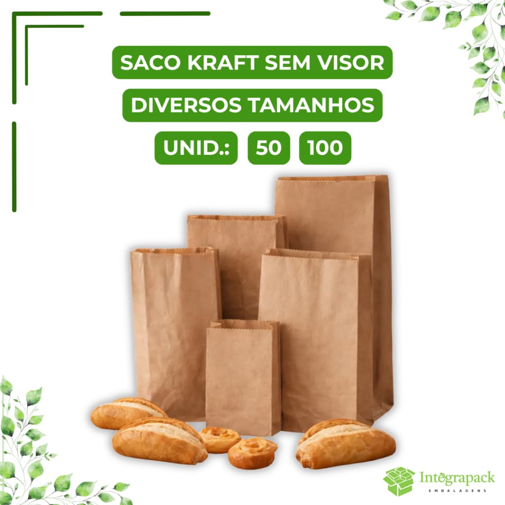 Saco Kraft sem Visor 50 ou 100 Unidades Embalagem Papel Kraft Alimentos Padaria Confeitaria Delivery