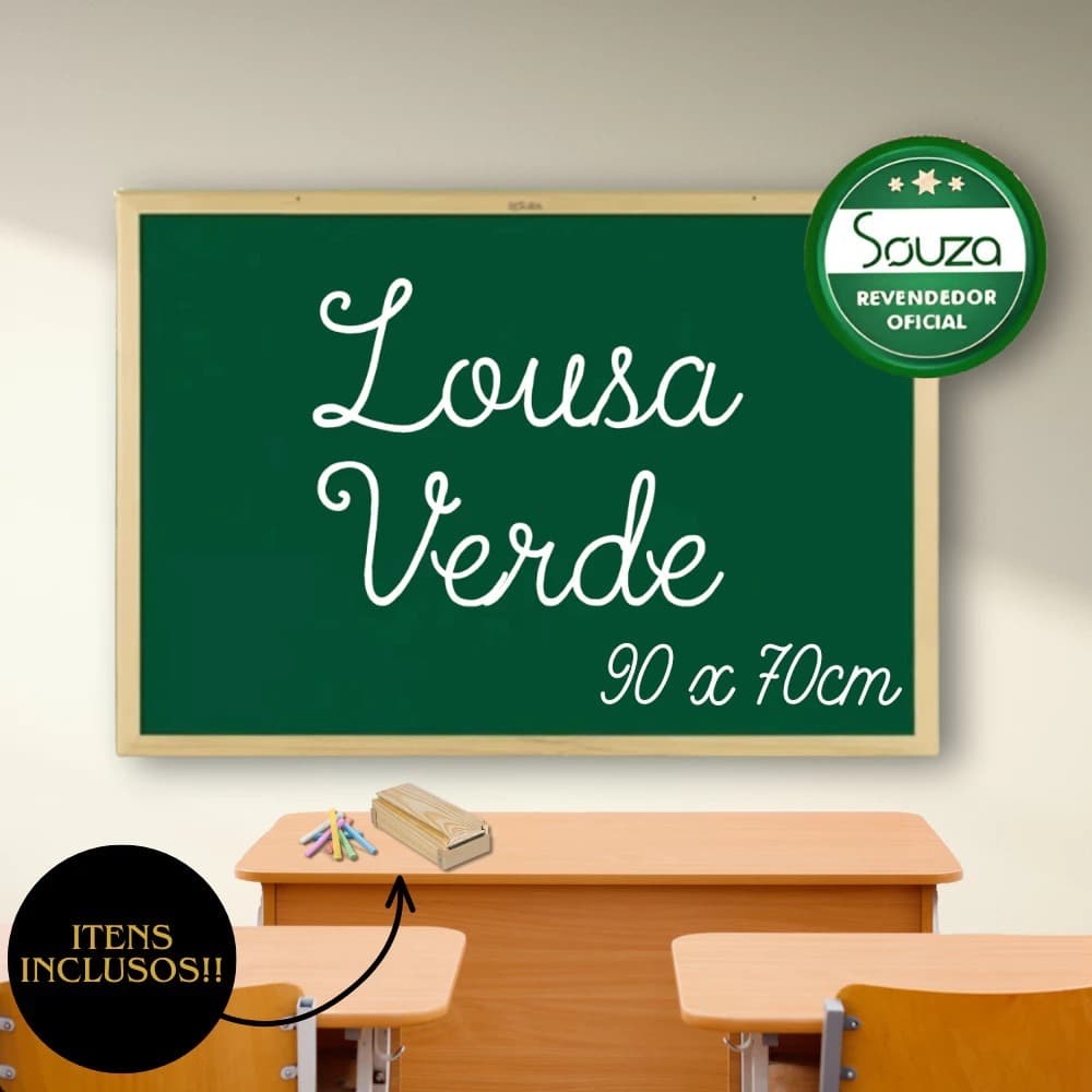 Lousa Souza 90x70 Verde com Moldura Madeira + Giz, Porta Giz e Apagador Escolar