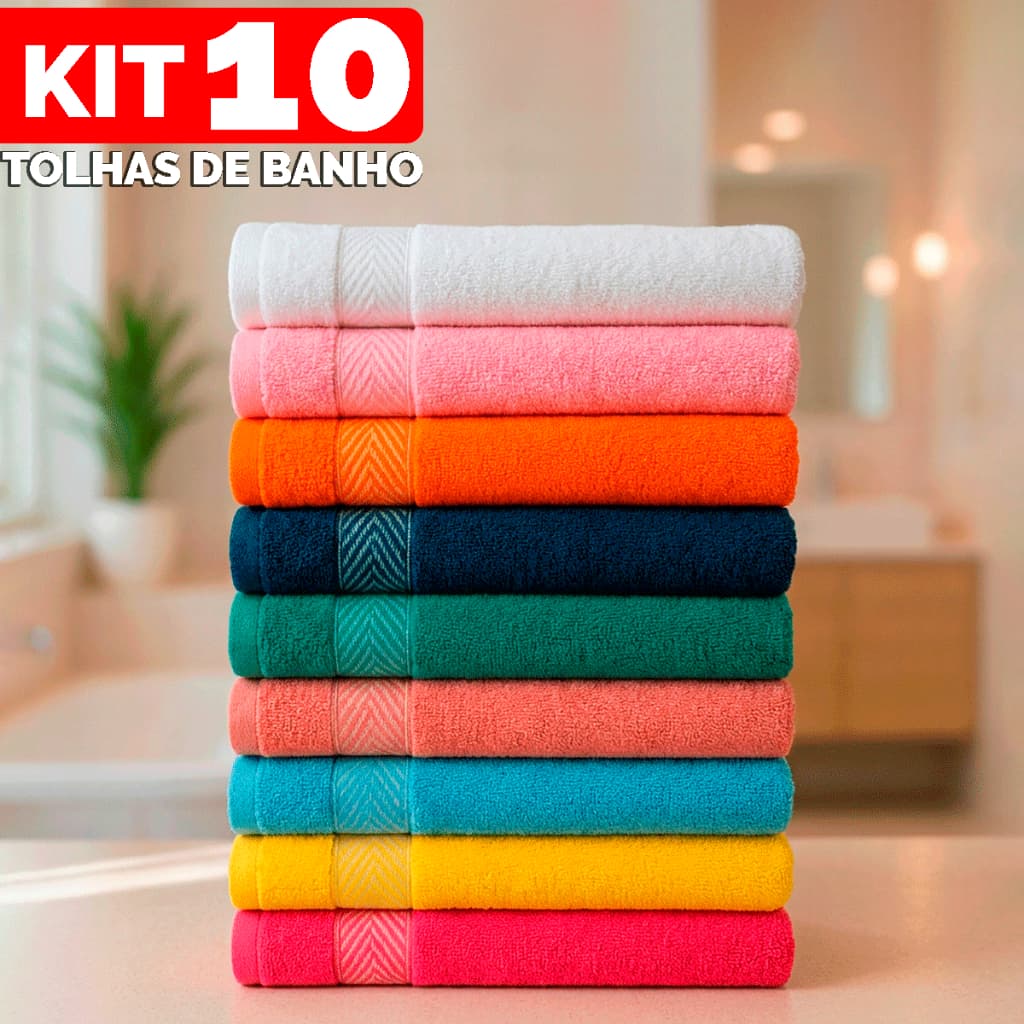 Kit 10 Toalhas de Banho Elleganza Banhão 65x120cm Macia Resistente 100% Algodão Alta Absorção