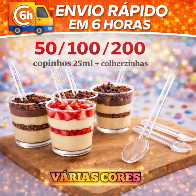 KIT 20/50/100/200/300 COPINHO 25 ML BRIGADEIRO ACRÍLICO + 100 MINI COLHER