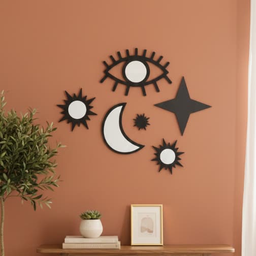 Conjunto Místico 6 Peças Espelhos Acrílico Decorativo Celestial com Moldura MDF Preto