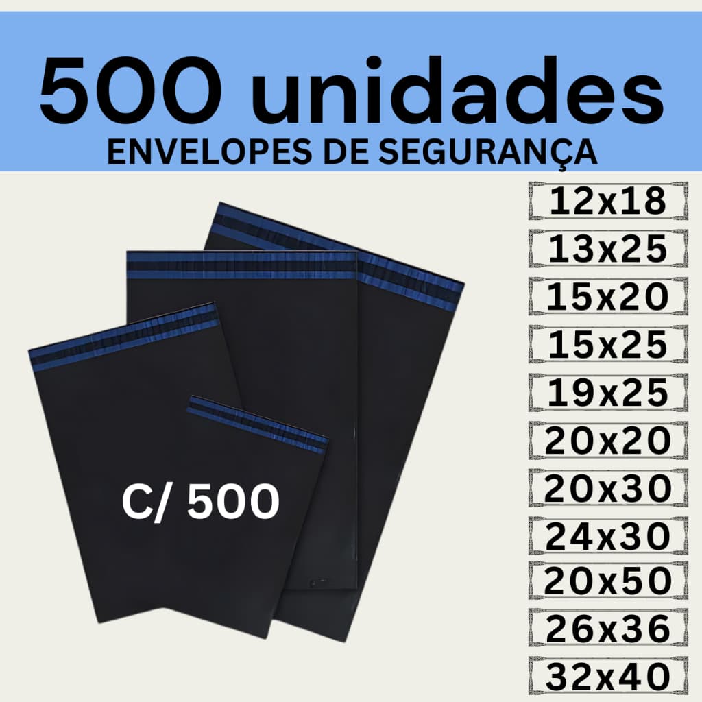 Kit 500 Envelopes Segurança Embalagem De Envio 12x18 13x25 15x20 15x25 19x25 20x20 20x30 26x36 30x40 32x40 40x50