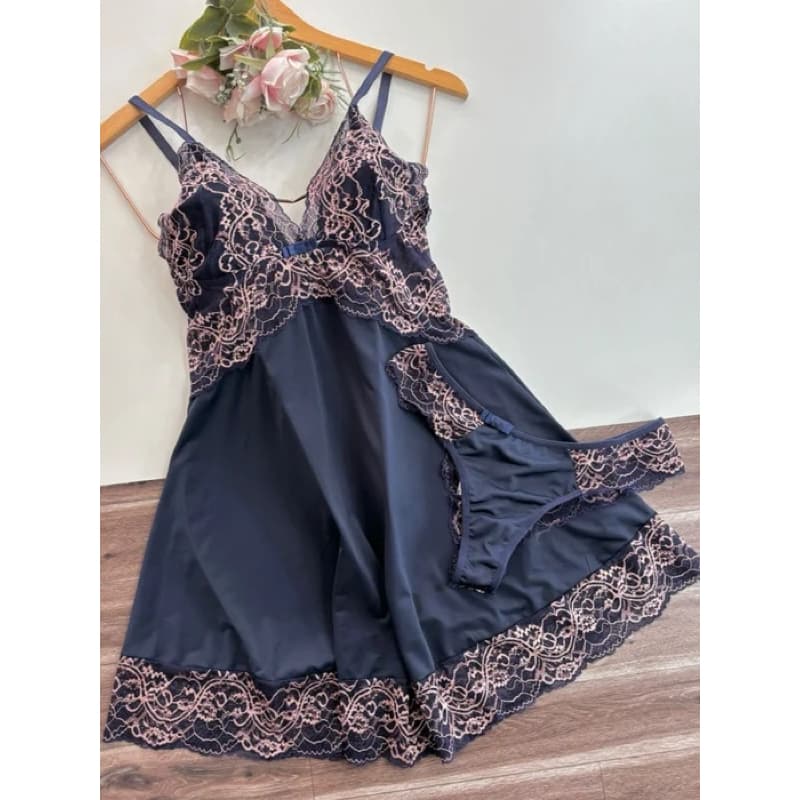 camisola de renda bicolor acompanha fio camisola e calcinha camisola sexy sensual linha noite (camisola sem bojo)