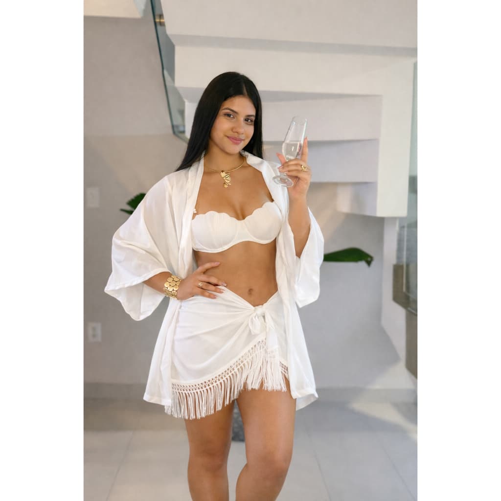 Conjunto Saída de Praia Feminina Luxo - Kimono + Saia com Franja - Moda Praia Verão 2026