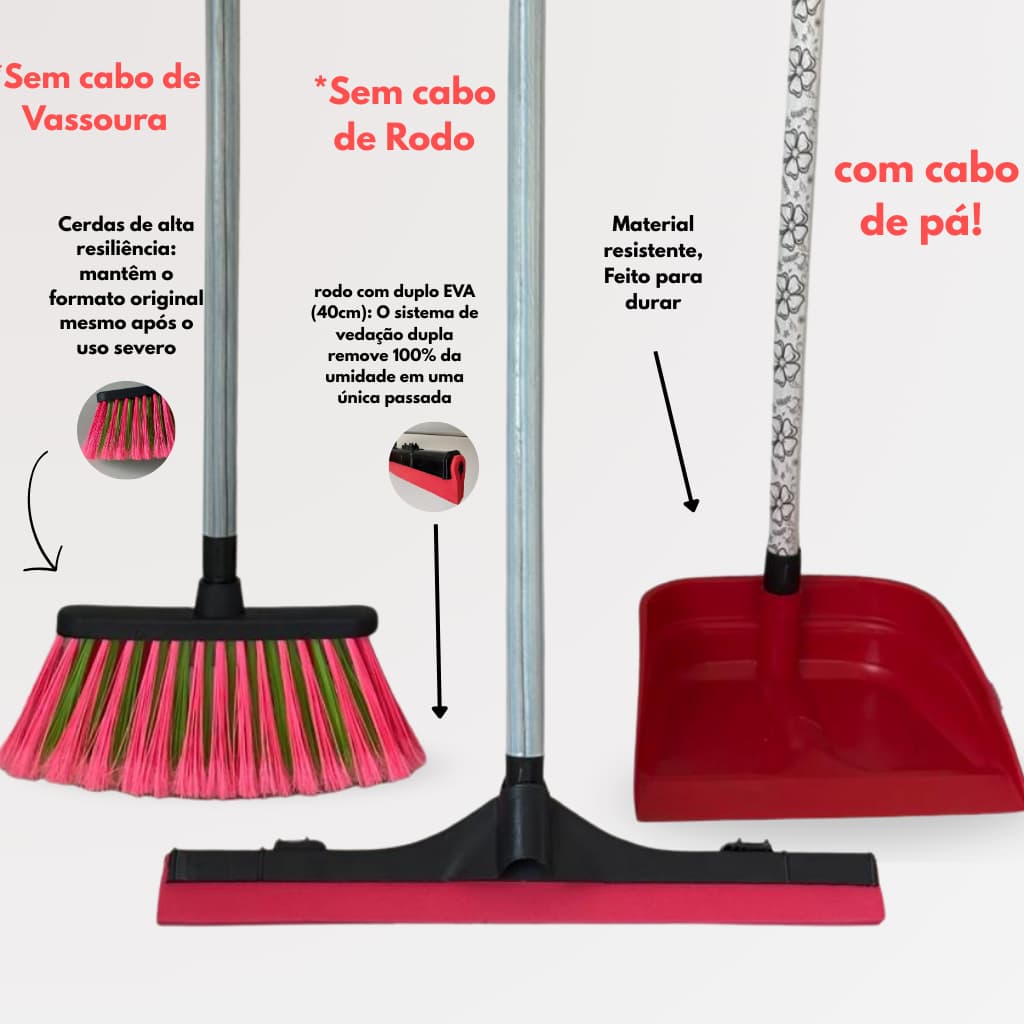 Kit Vassoura Rodo e Pá de Lixo Vermelho Com Cabo 60cm - Limpeza Prática Eficiente Completa