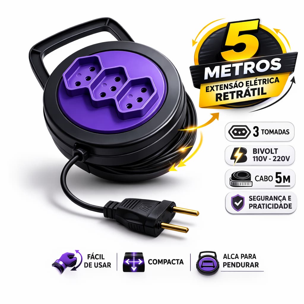 Extensão Elétrica Retrátil 5 Metros 3 Tomadas 10A Tripolar Bivolt 110/220V