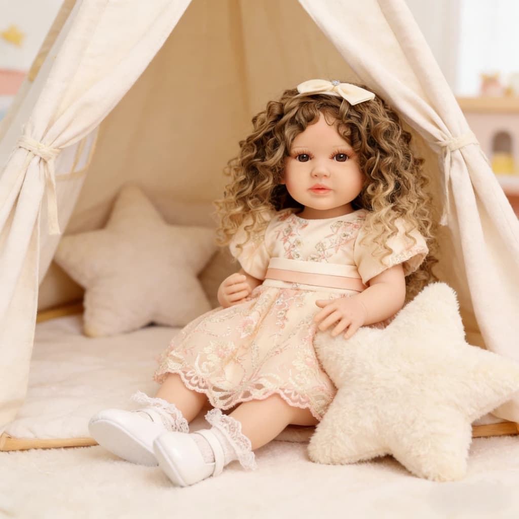 Bebê Reborn Boneca Silicone 55cm Menina Olho Castanho Laço Encaracolado com Acessórios